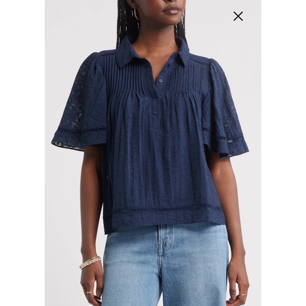 Treasure & Bond Flutter Sleeve Popover Top Navy Blue Ladder Stitch Blouse Small